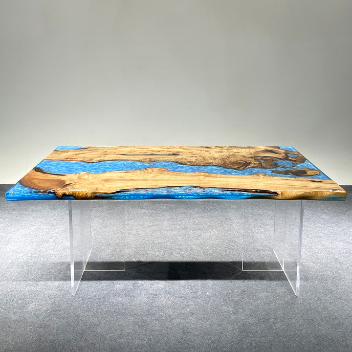 Seawavetable-Epoxy resin river table with Golden Camphor slab and custom blue resin