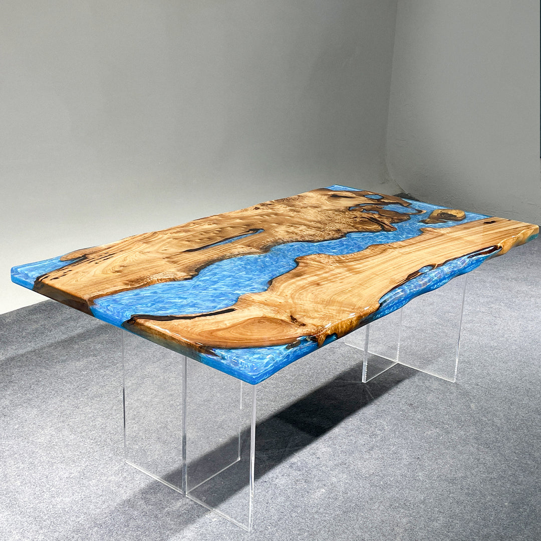 Seawavetable-Custom blue epoxy river table with live edge Golden Camphor wood