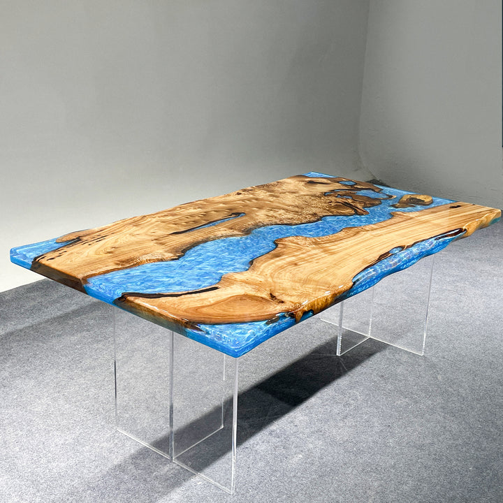 Seawavetable-Custom blue epoxy river table with live edge Golden Camphor wood