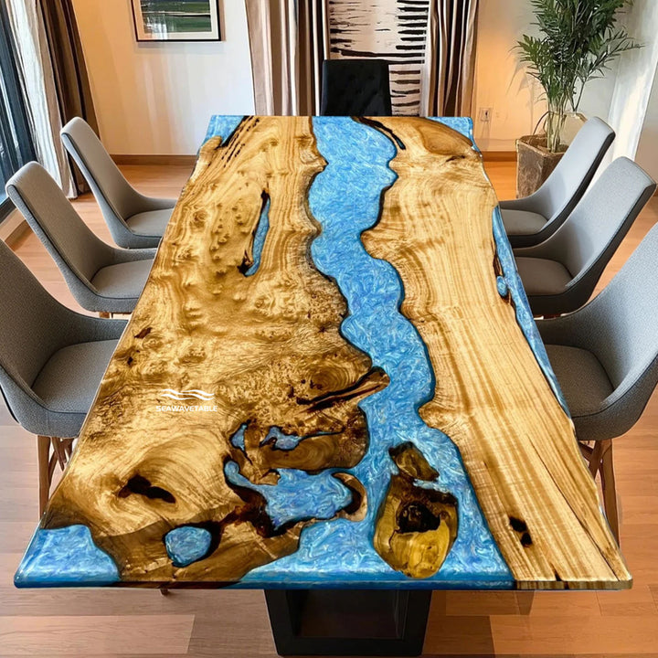 Seawavetable-Golden Camphor live edge epoxy river dining table with blue resin