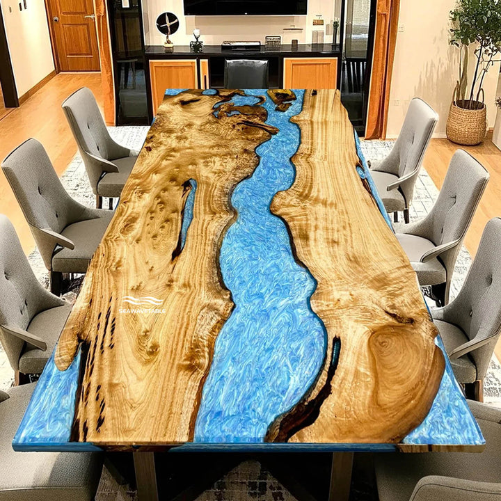 Seawavetable-Modern dining table handcrafted from Golden Camphor and blue resin