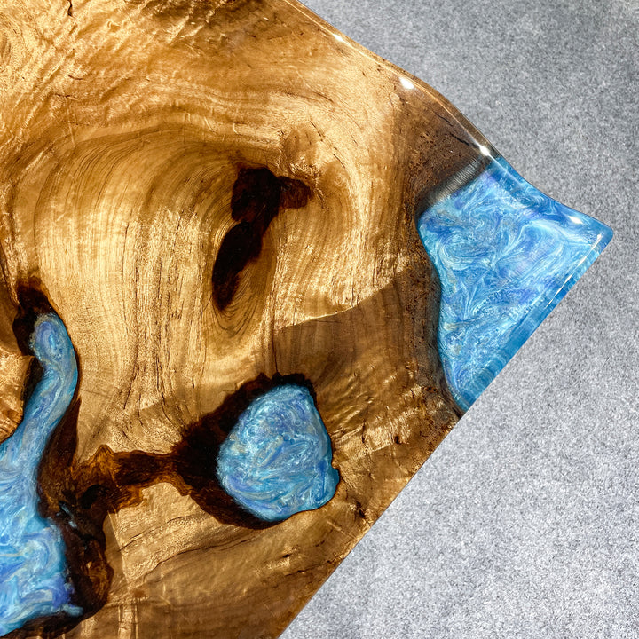 Seawavetable-Unique wood and resin dining table with natural live edge finish