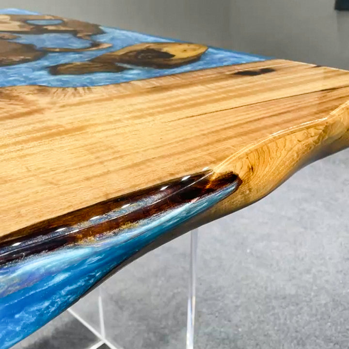 Seawavetable-Blue resin river table with organic live edge and custom dimensions