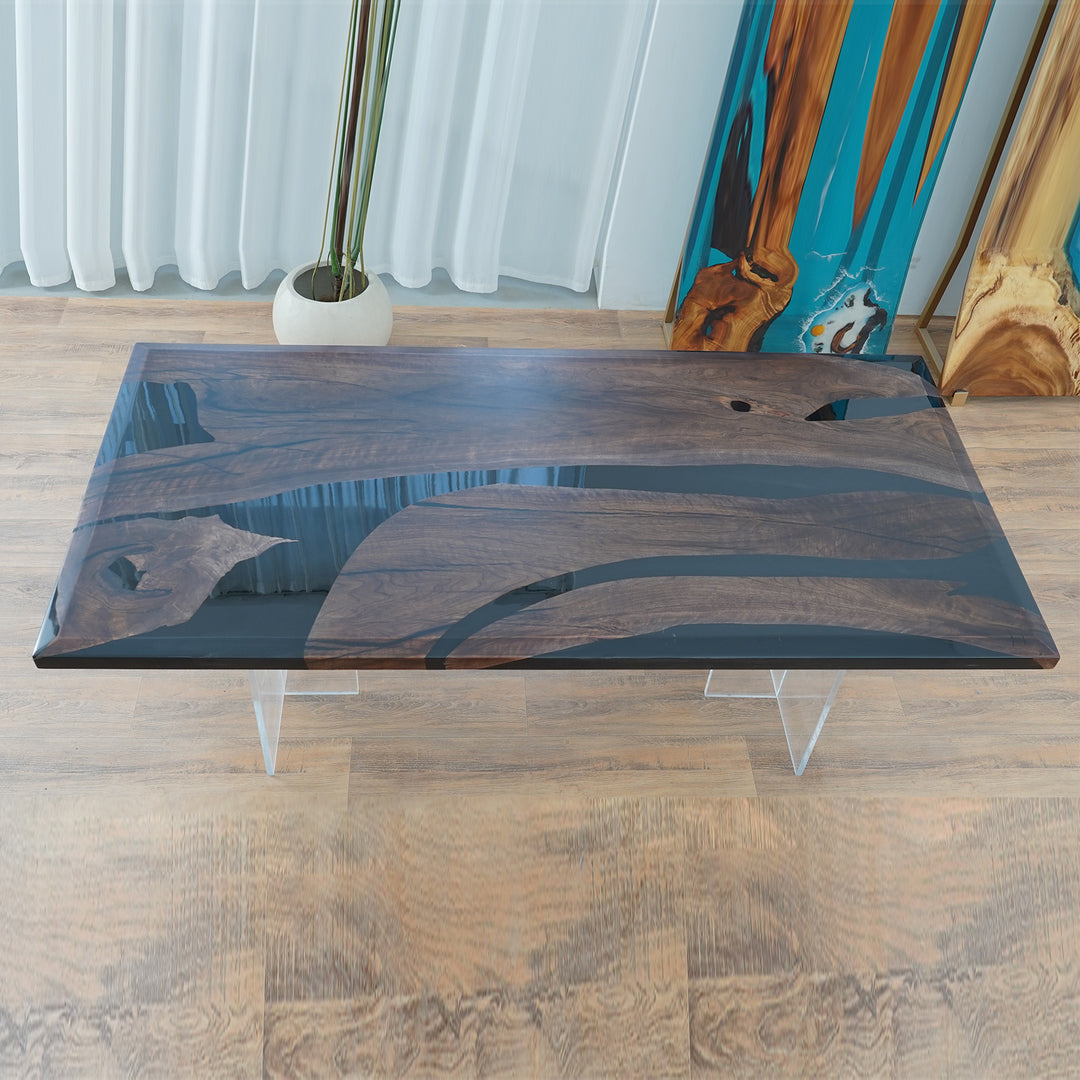 Seawavetable-Artisan-made walnut and black resin river table for dining room