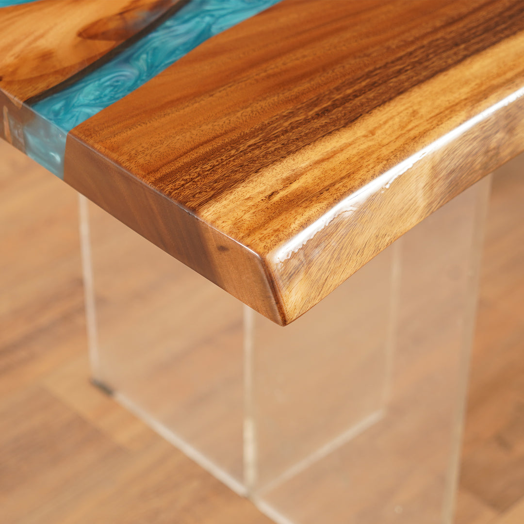 Seawavetable-Elegant dining table with live edge wood and vibrant blue epoxy