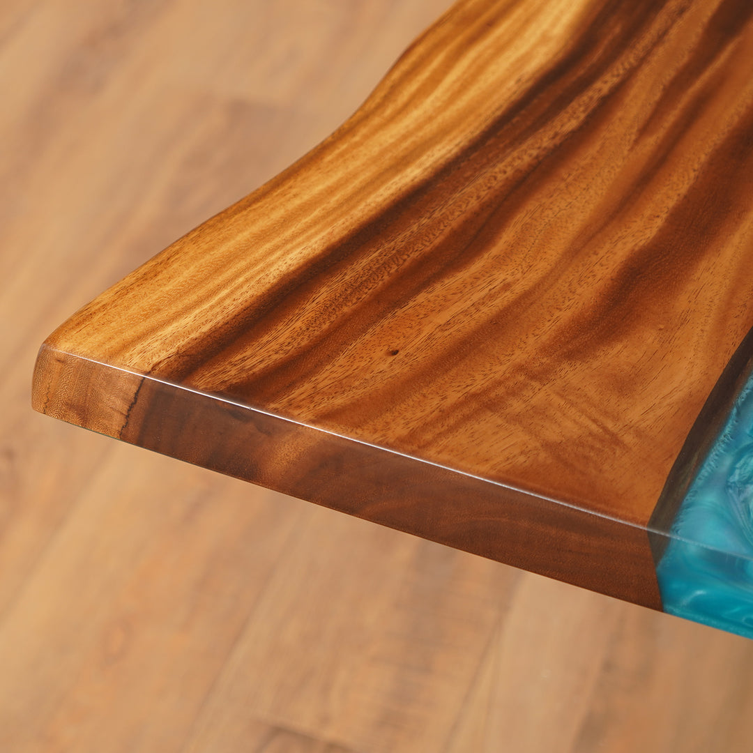 Seawavetable-Artistic epoxy table with flowing blue resin and live edge walnut