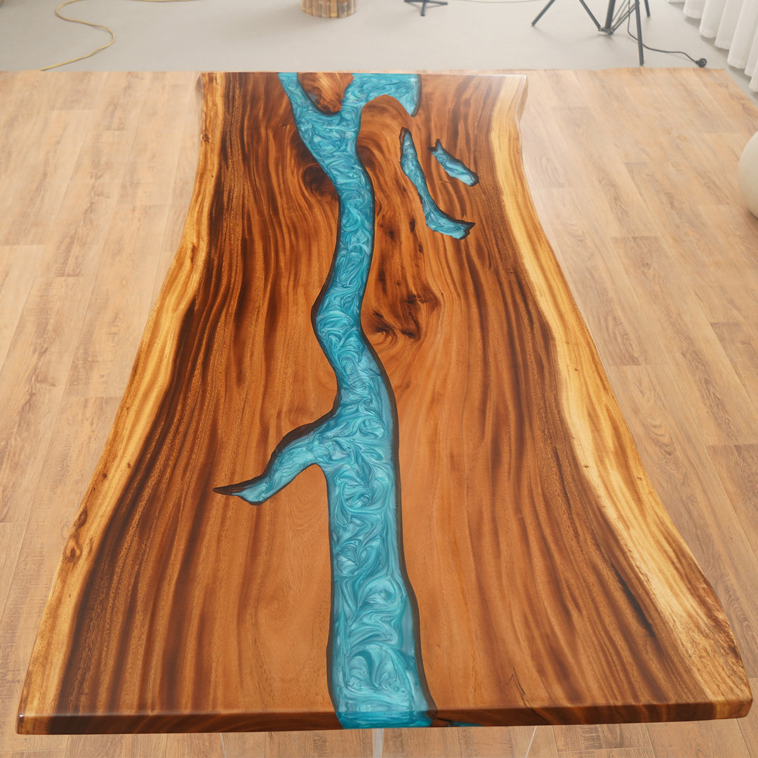 Seawavetable-Live edge walnut dining table with peacock blue epoxy river.