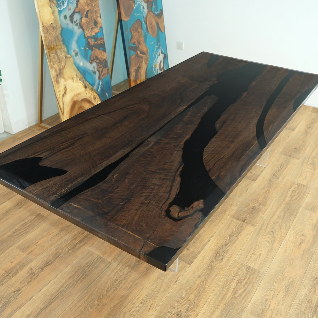 Seawavetable-90"x42" epoxy table made from black walnut and deep black resin