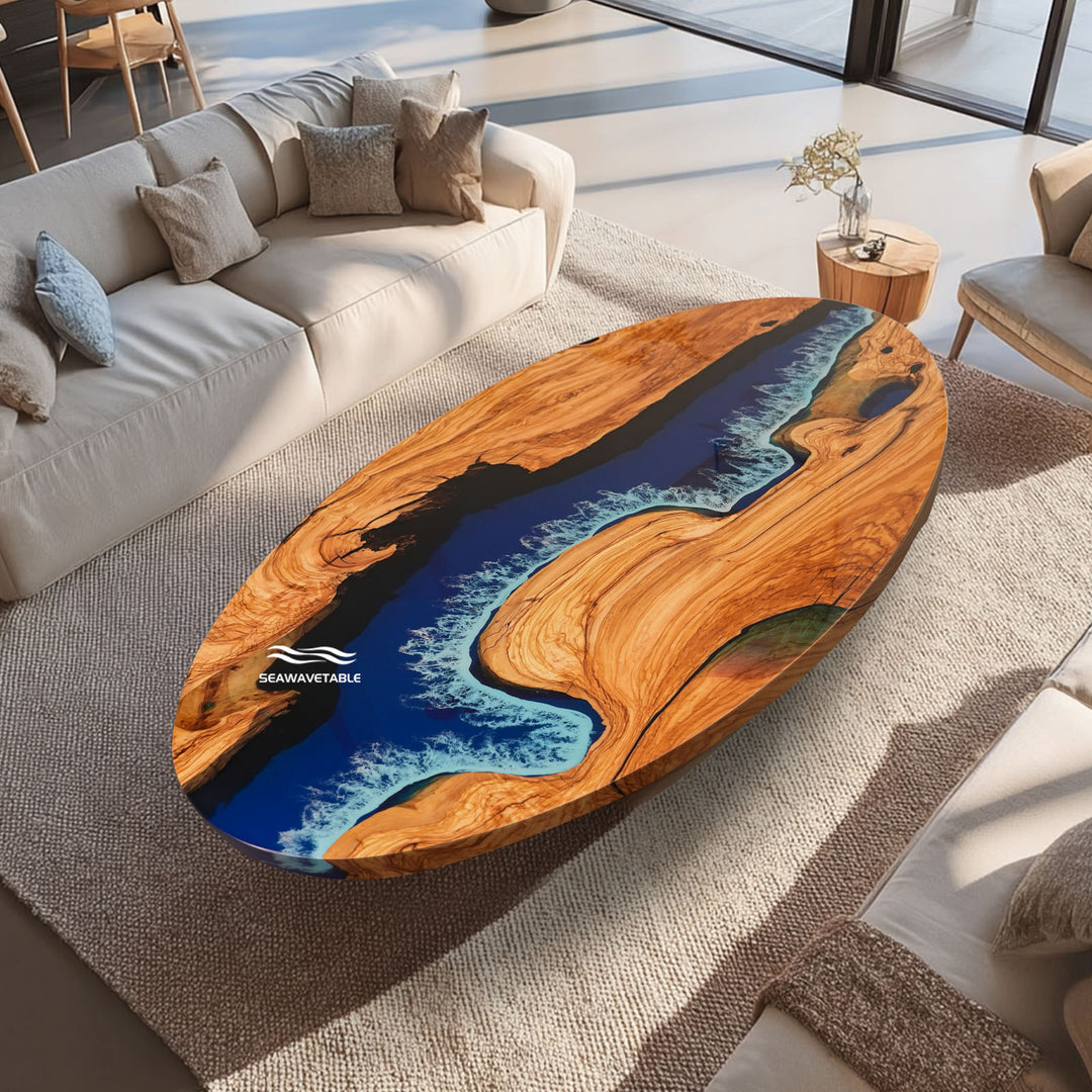 Seawavetable-Contemporary custom epoxy dining table with ocean blue resin and oval top