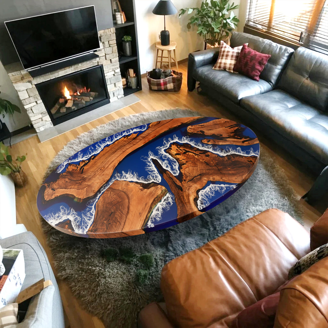Seawavetable
Handcrafted epoxy table with natural wood grain and ocean-inspired design placed in a cozy, contemporary dining space.
