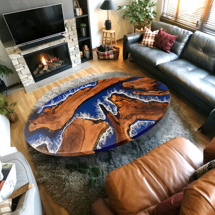 Seawavetable
Handcrafted epoxy table with natural wood grain and ocean-inspired design placed in a cozy, contemporary dining space.