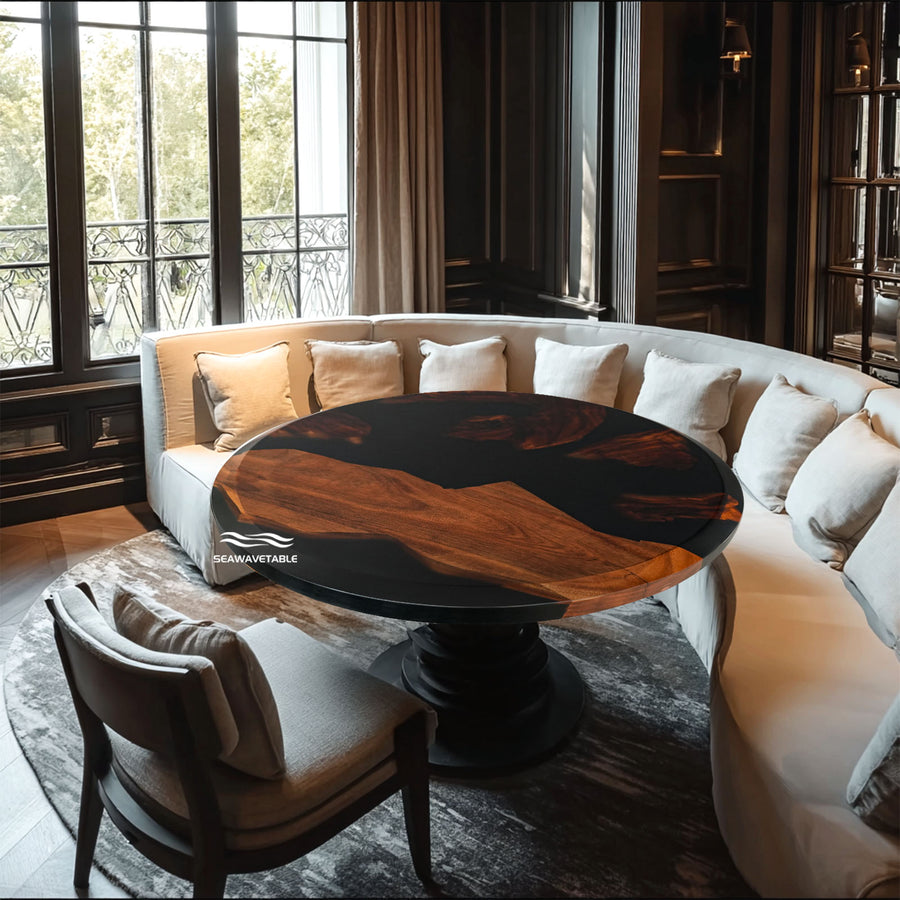 Round black epoxy resin and walnut wood table with glossy finish