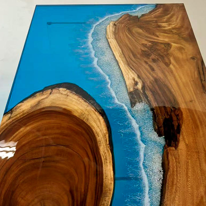 Seawavetable-straight-edged walnut resin table with full glossy surface