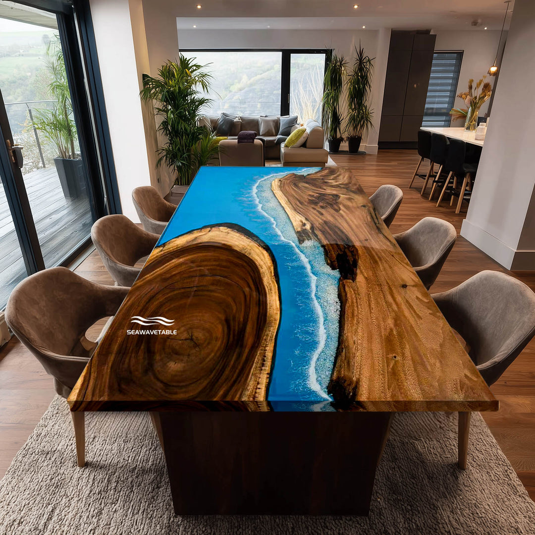 Seawavetable-handcrafted walnut ocean resin dining table with glossy finish