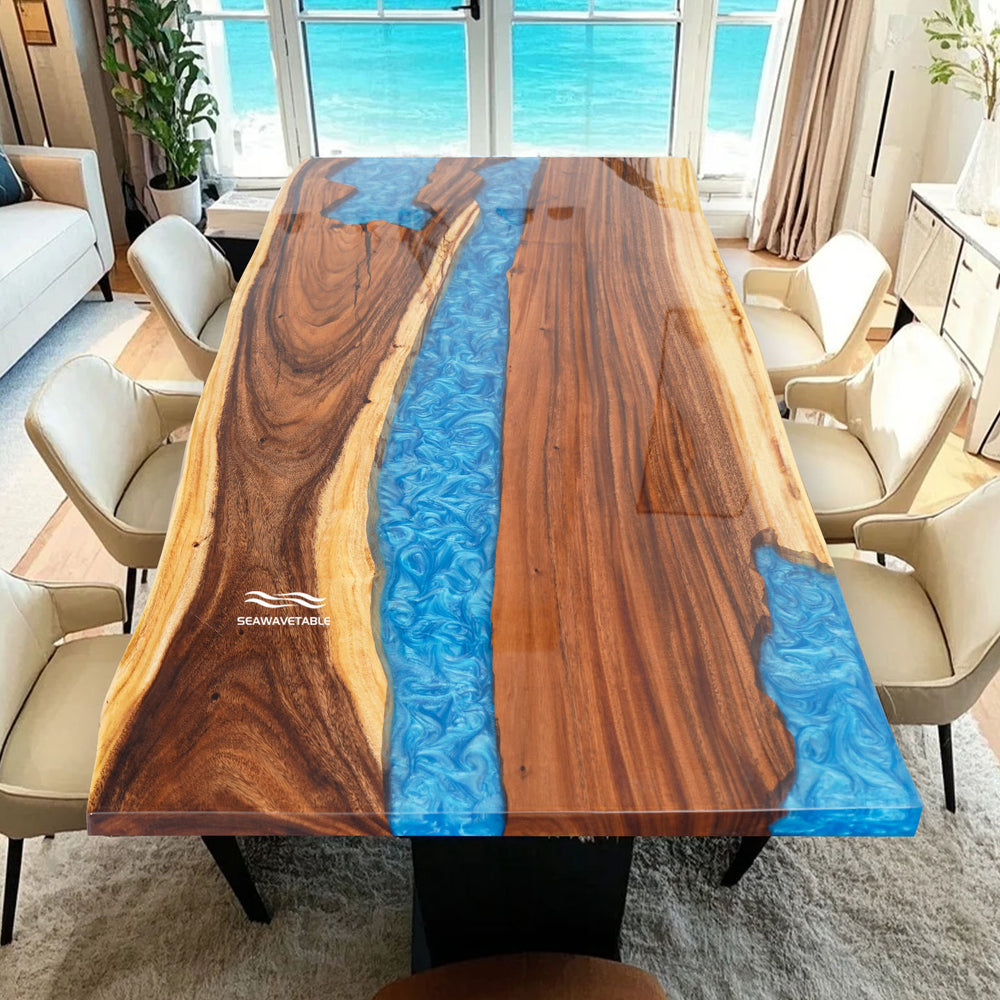 Seawavetable-Walnut wood live edge table with ocean wave-style resin inlay