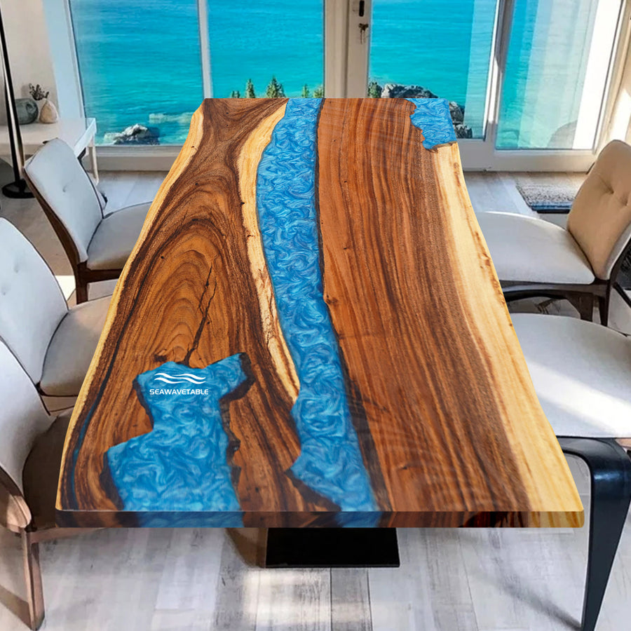Seawavetable-Live edge walnut wood epoxy dining table with ocean blue resin