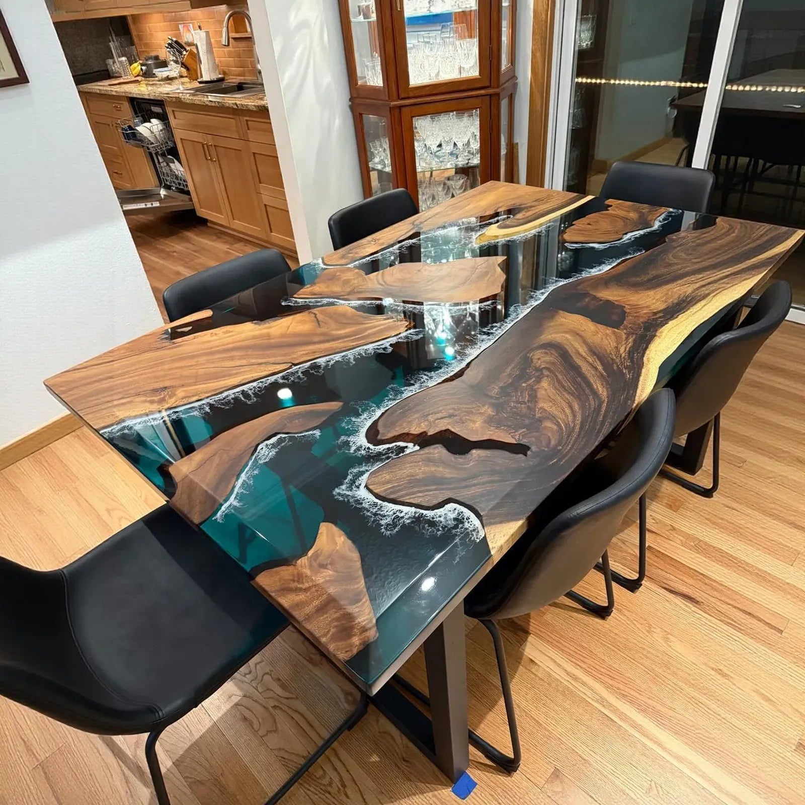 Seawavetable-Camas Walnut River Glow Dining Table bevel edge resin finish showcasing glossy river effect and matte walnut surface