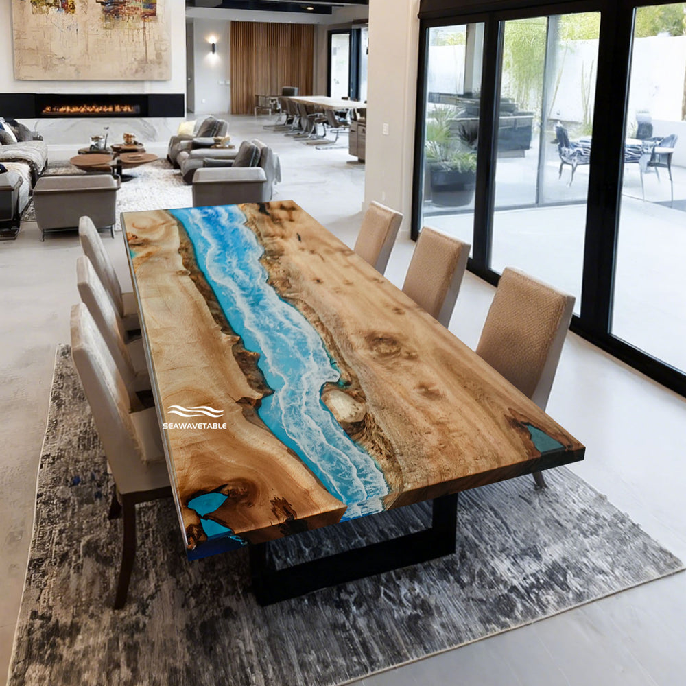 Blue river epoxy dining table with straight edges and golden camphor