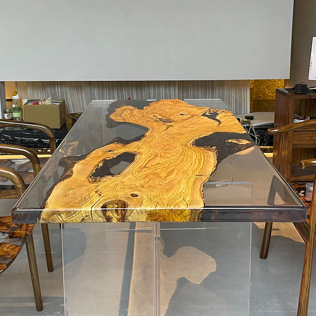 Olive wood and resin table with a striking natural - inspired design
