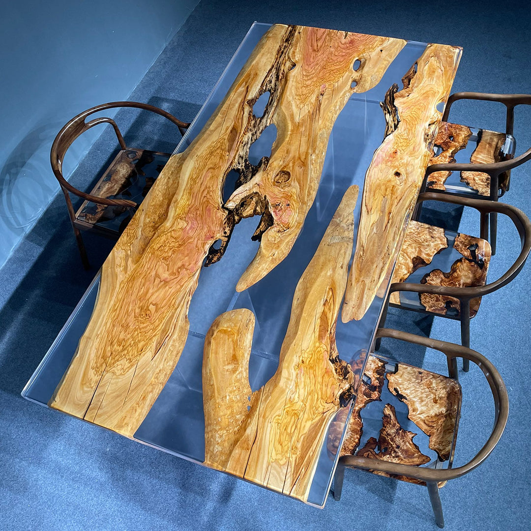 Olive wood resin - topped dining table with matching chairs, measuring 95.67" x 47.64" x 2"