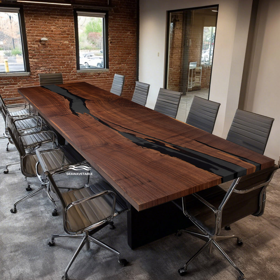 Custom black walnut and translucent black epoxy executive conference table CRT-149, handcrafted for luxury boardrooms