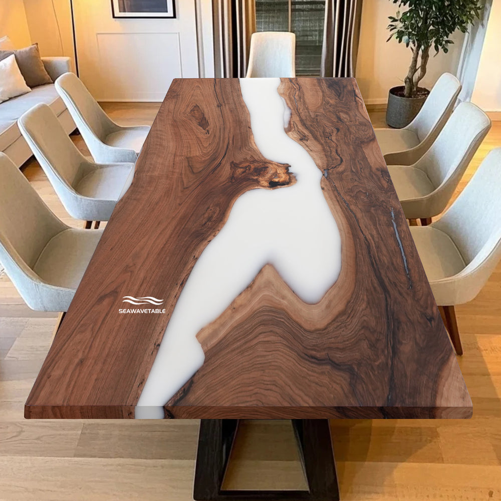 Contemporary dining room table featuring white epoxy and straight edge walnut