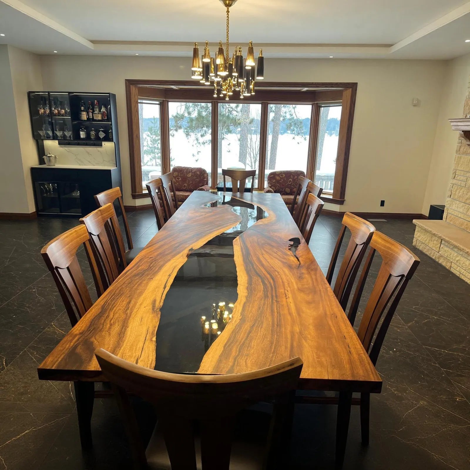 A Warm Gathering Space: John W.’s Custom Walnut Table with Smoky Black Resin – Tower, MN