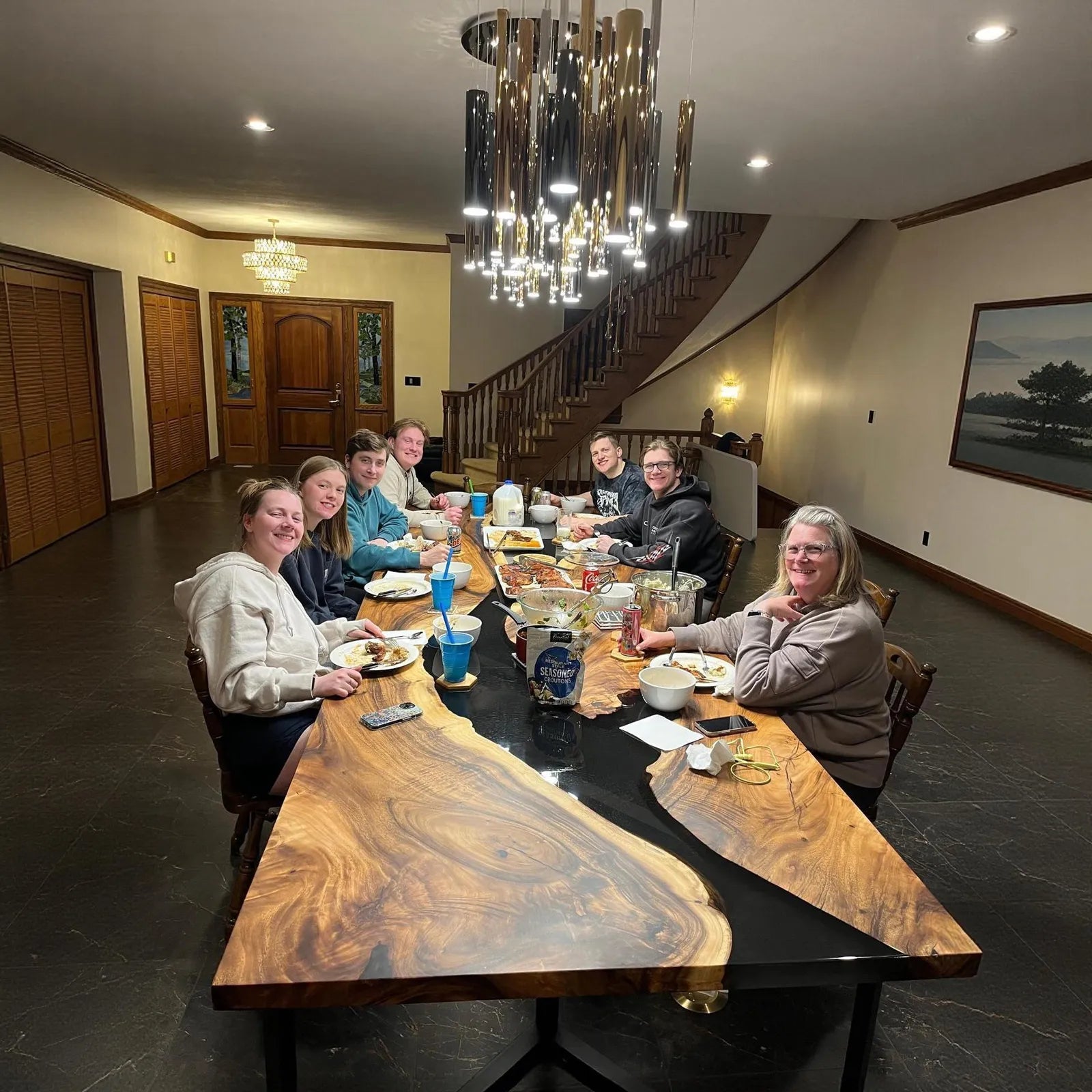 A Warm Gathering Space: John W.’s Custom Walnut Table with Smoky Black Resin – Tower, MN
