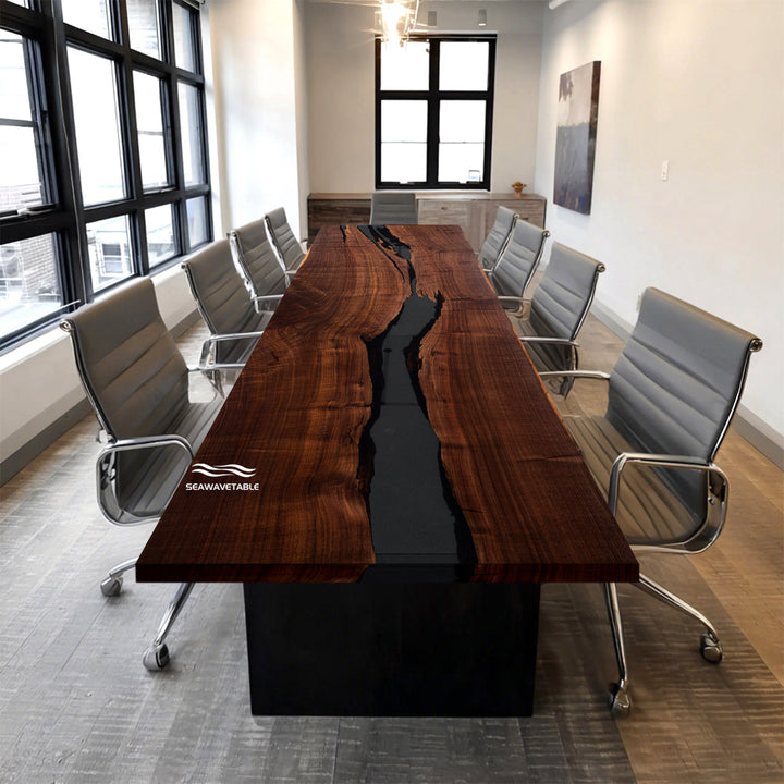 lExtra large black epoxy and walnut wood boardroom table for 16–20 people, matte finish handcrafted design
