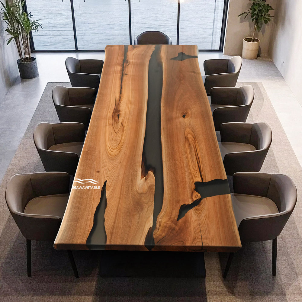 Large epoxy resin meeting table made of solid walnut wood with glossy finish