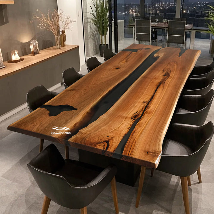 Live edge black walnut table with black resin center, designed for conference use