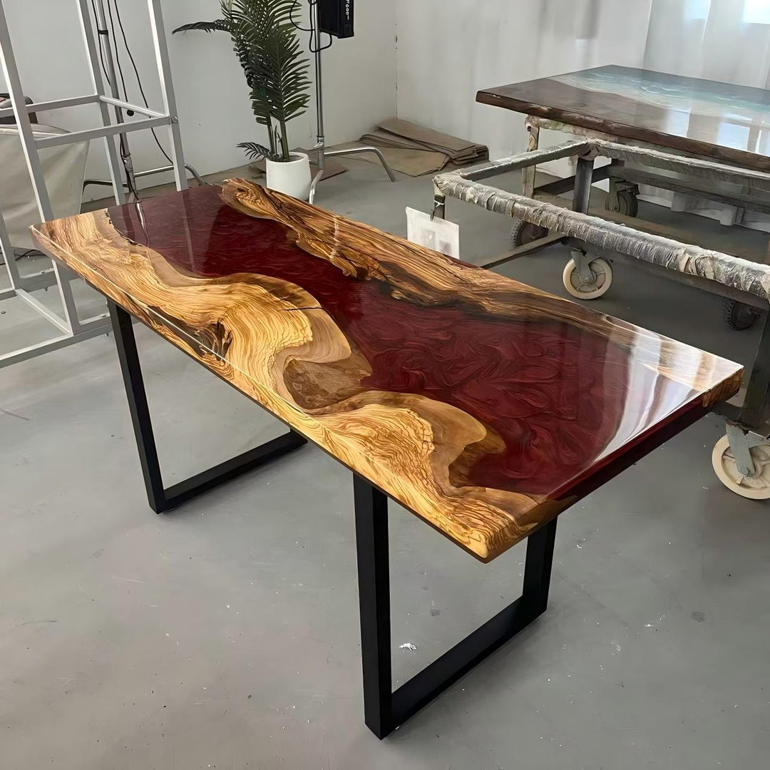 Custom olive wood and red resin entry table with natural live edge – handcrafted by Seawavetable