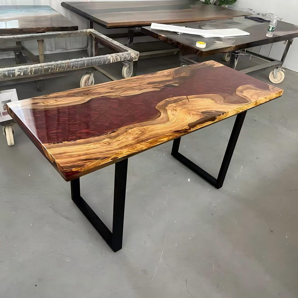 Olive wood red epoxy river bar table combining modern design with organic texture