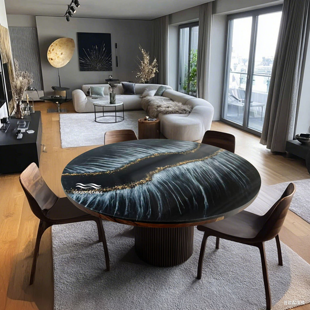 Modern round walnut wood table with black resin river and shimmering golden border.