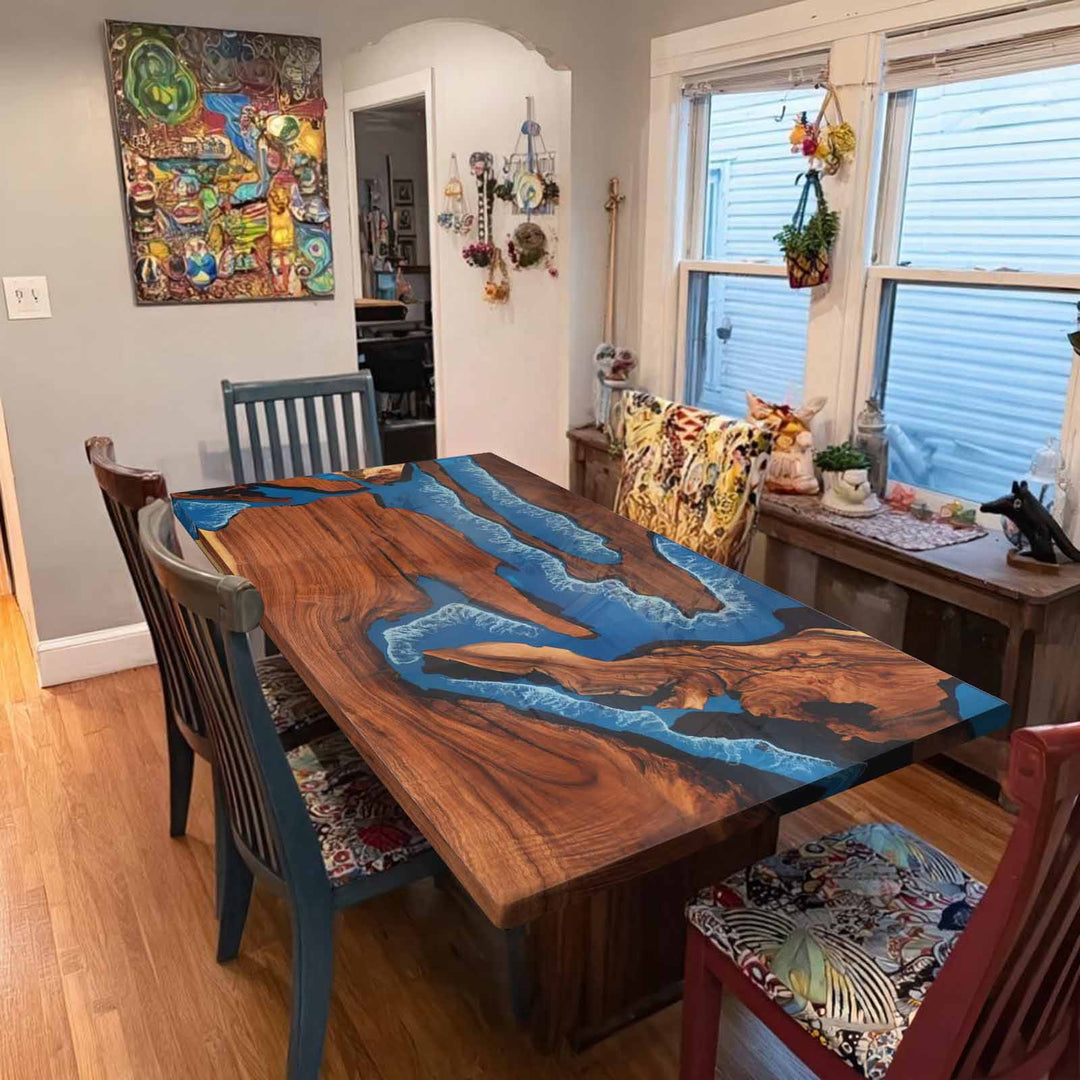 modern interior with custom epoxy resin river table centerpiece