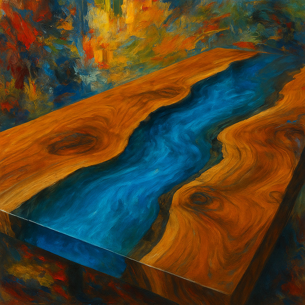 Close-up of a river epoxy resin table capturing live edge details under clear resin