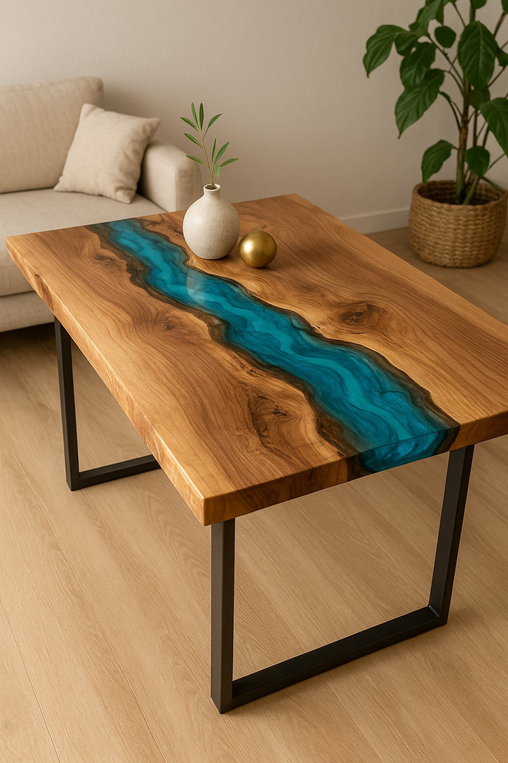 A modern epoxy resin table with a straight-edge wood slab and a striking blue river-like resin design in the center, styled with a small vase, golden sphere, sofa, and indoor plant in a minimalist living room.