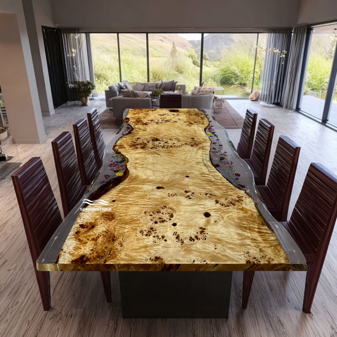 Epoxy resin table in a modern interior showing long-term durability and surface clarity