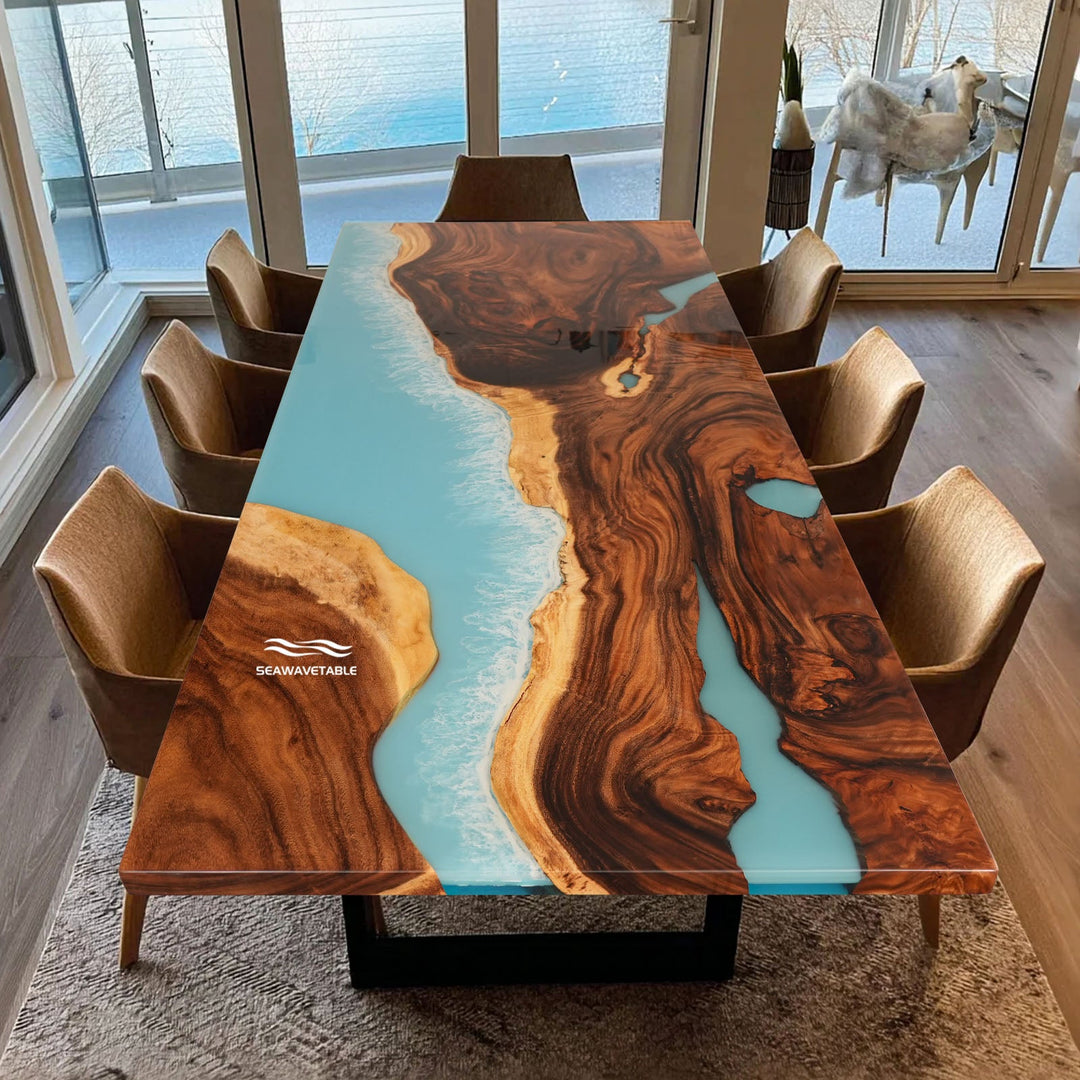 modern dining room with epoxy river table centerpiece