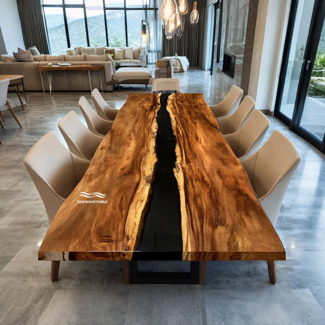 DIY epoxy river table made from live edge wood slabs with clear resin in a home workshop setting