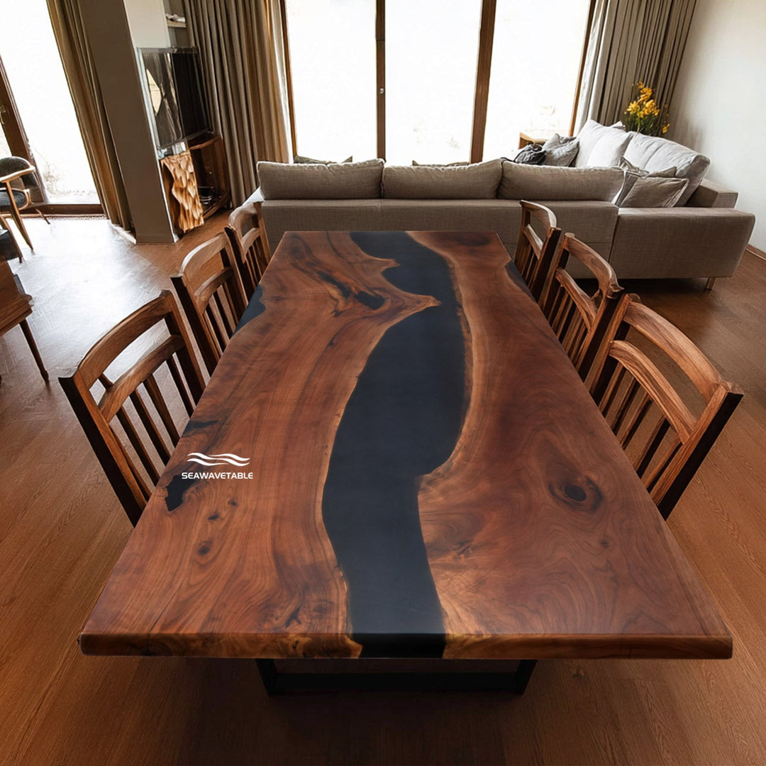 Epoxy resin table showing long-term durability in a residential dining space