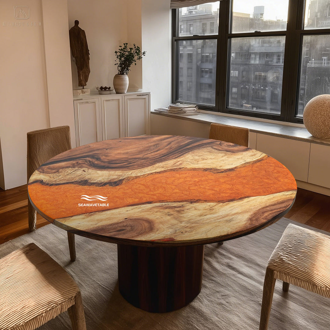 Handcrafted epoxy resin dining table with natural live edge wood and a crystal-clear river resin design, blending modern elegance with rustic charm.