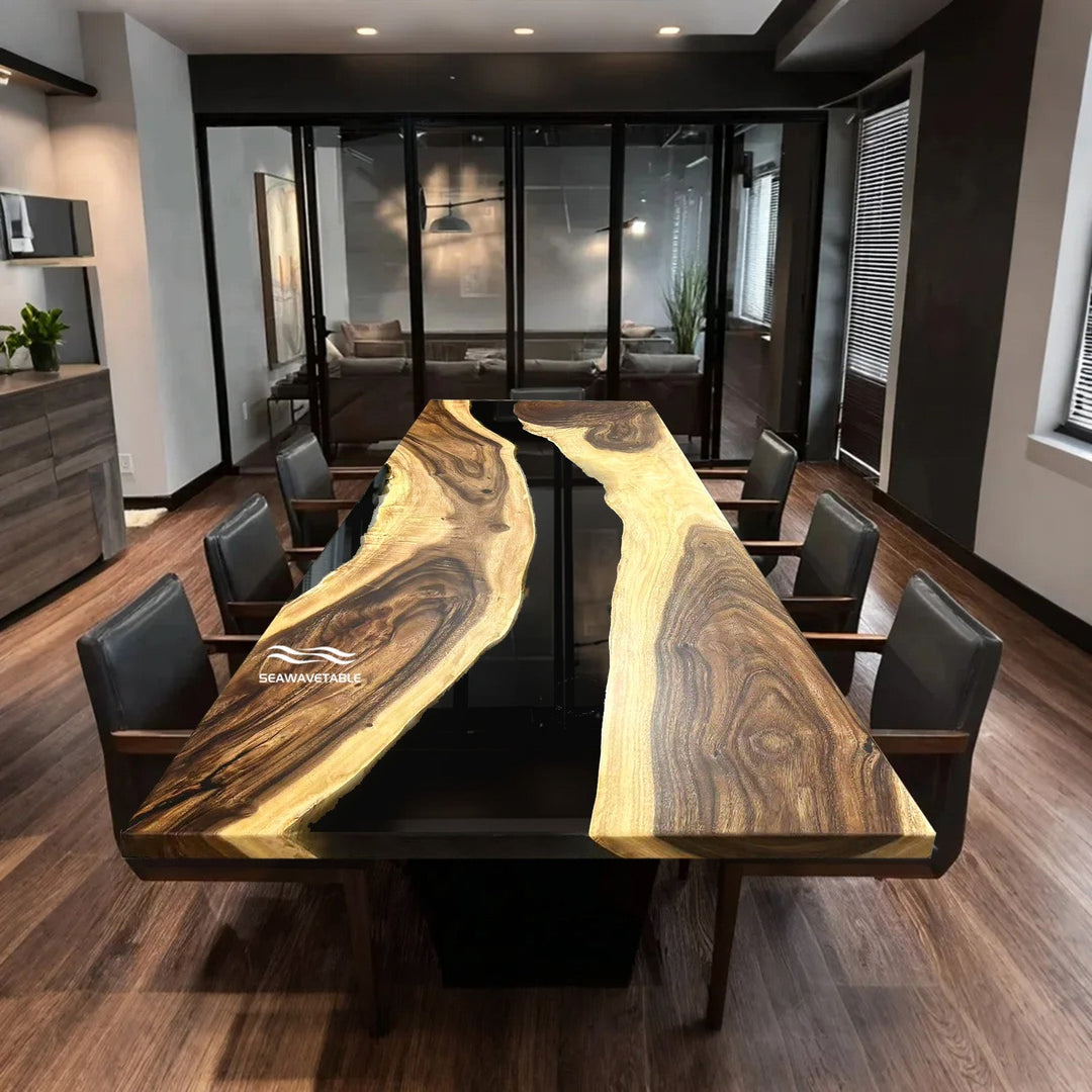 Unique handmade epoxy resin table with live edge wood and river resin effect