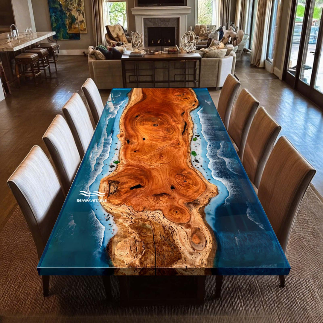Detailed craftsmanship and logistics process of a custom wood and epoxy river table, including CAD design, resin pouring, and secure freight shipping.