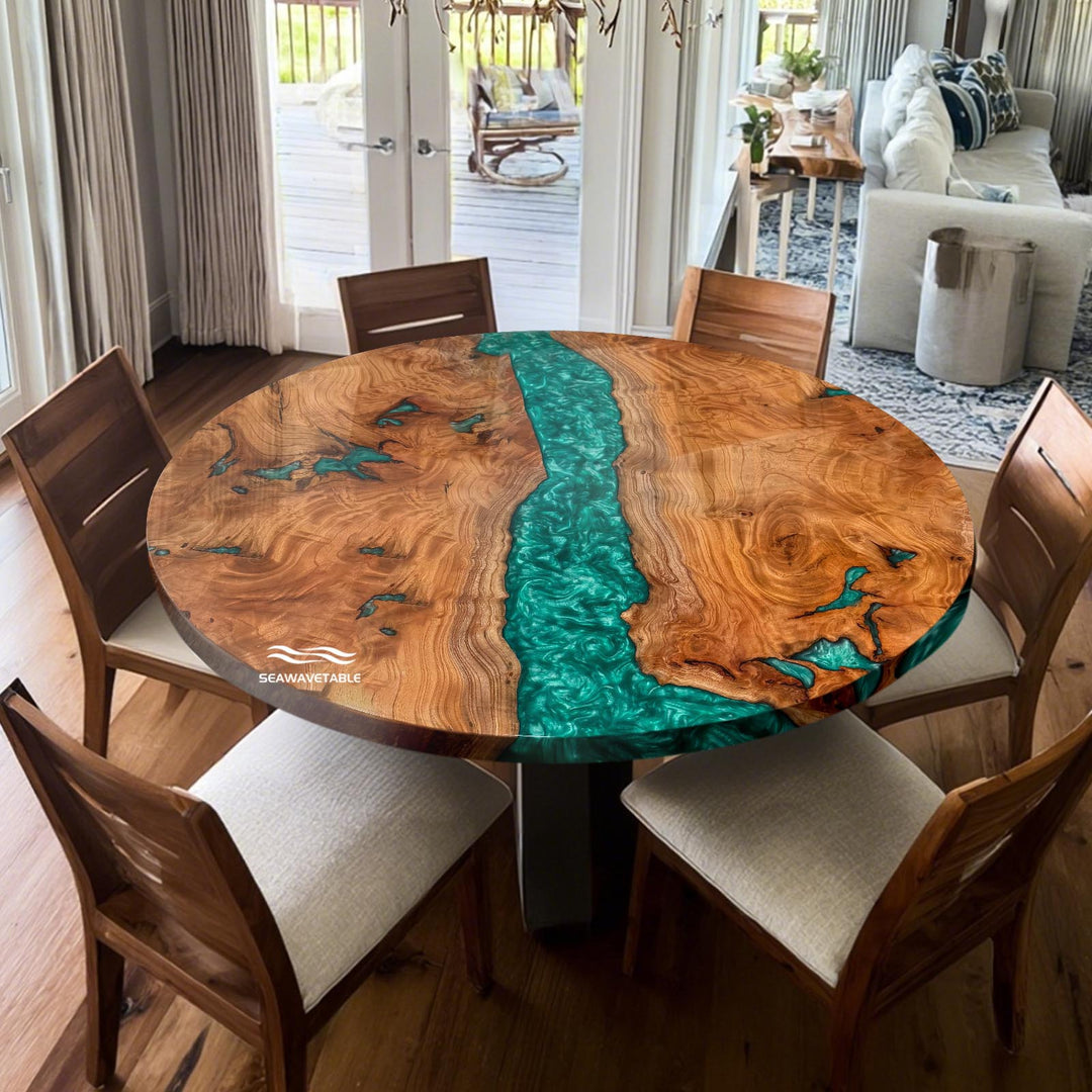 Round epoxy river dining table with natural wood slabs and dark resin river centerpiece in contemporary interior