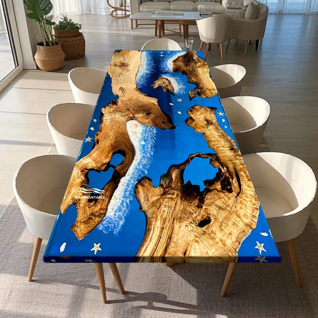 Handmade custom epoxy resin table with natural live edge wood and glossy resin finish, modern furniture design for dining or living room décor.