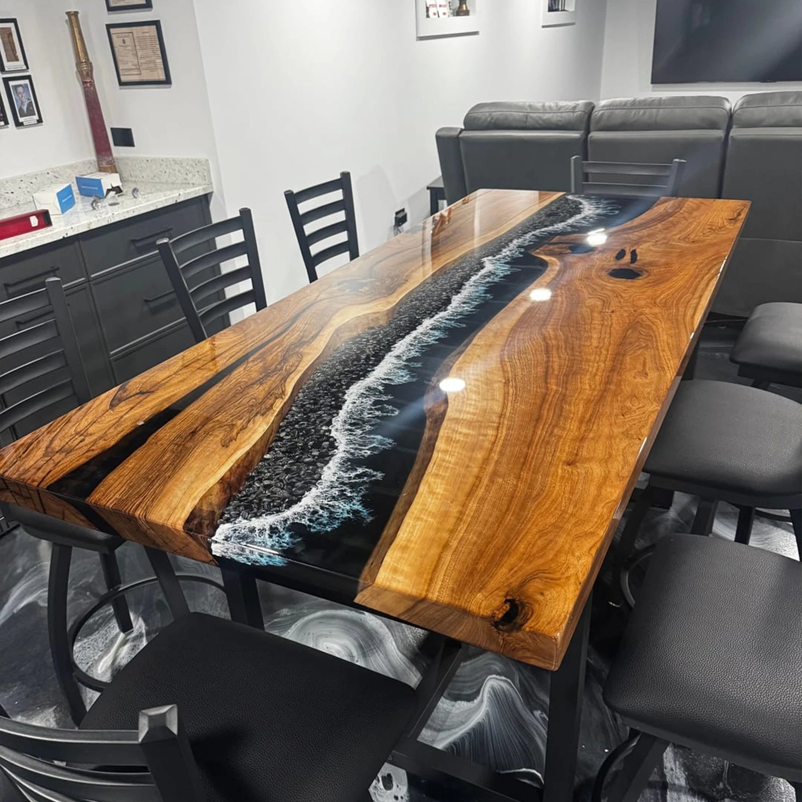 Margaret’s Ocean Elegance — A Black Walnut River Table with Stone and Wave Details in Chicago, IL