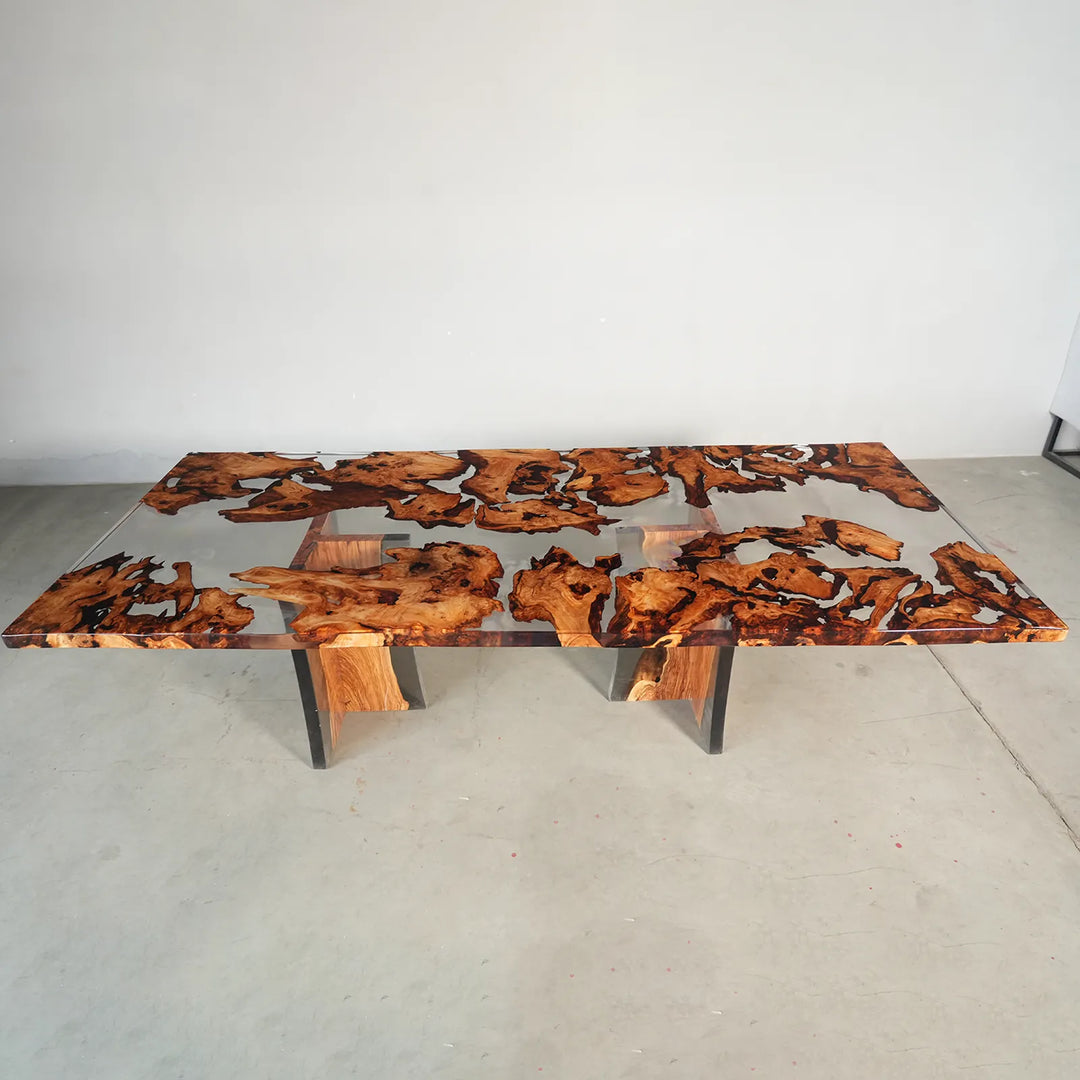 Top view of 108 inch Cunninghamia clear epoxy table by SeawaveTable