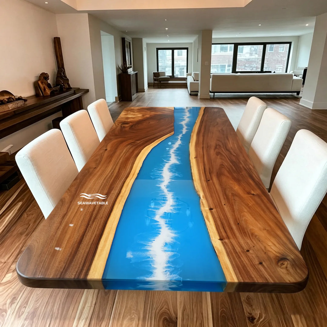 108-inch Walnut and blue ocean wave epoxy river dining table by SeawaveTable