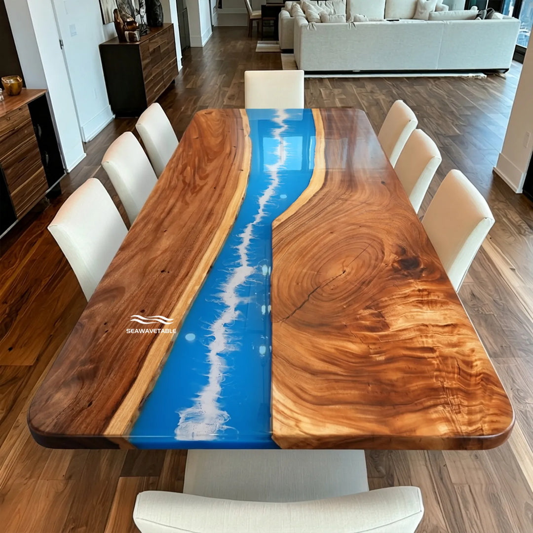 Top view of 108-inch Walnut and ocean wave epoxy dining table by SeawaveTable